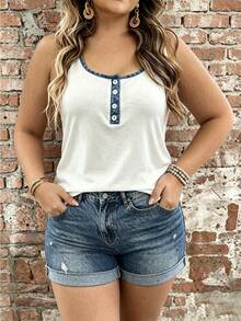 SHEIN LUNE CURVE Plus Size Women's Button Half-Placket Casual Soft Form Modest Vest Beach Formal Vacation Allover White Summer - White - View 6