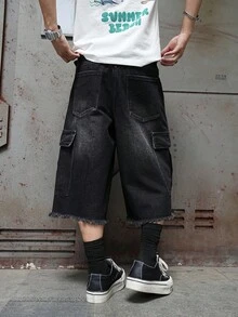 Manfinity EMRG Pantalones cortos vaqueros de pierna ancha casuales con bolsillo sesgado y borde deshilachado de unicolor para hombres - Negro - Ver 2