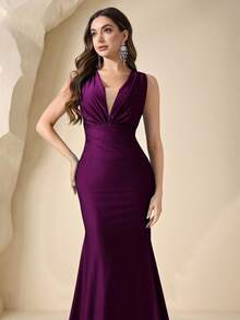 Coutiva Deep V Neck Ruched Fishtail Evening Gown,Women's High Waist Formal Party Dress,Elegant Heavy Embroidery Rhinestone Bridesmaid Dress - Purple - View 6