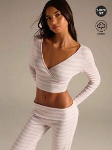 Athîral Women's Striped Long Sleeve Cropped T-Shirt And Flare Pants Casual Set - Multicolor - View 1