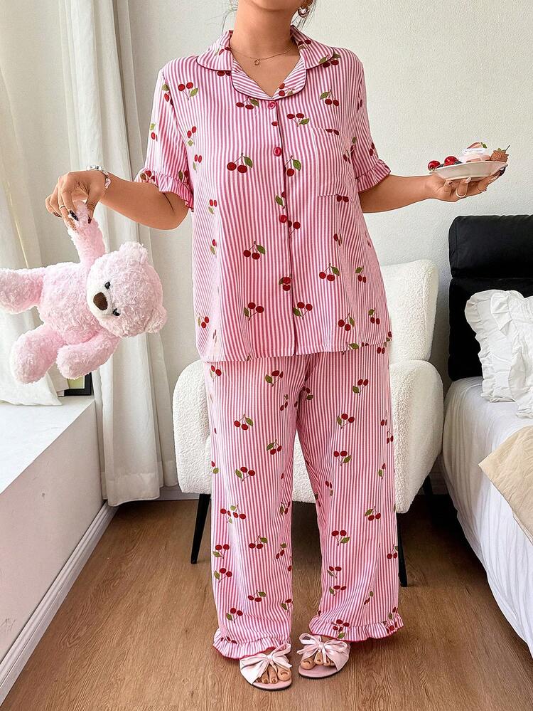 Napfluff CURVE Napfluff CURVE Bubble Crinkle Striped Cherry Print Open Front Lapel Collar Plus Size Pajama Set - Pink - View 5