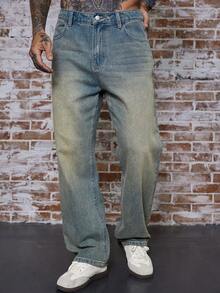 DAZY Long Washed Distressed Straight Fit Men's Jeans - Blue - View 8