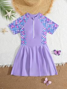 Tween Girl Fish Scale Pattern Print Short Sleeve Ruffle One-Piece Swimsuit - Multicolor - View 3