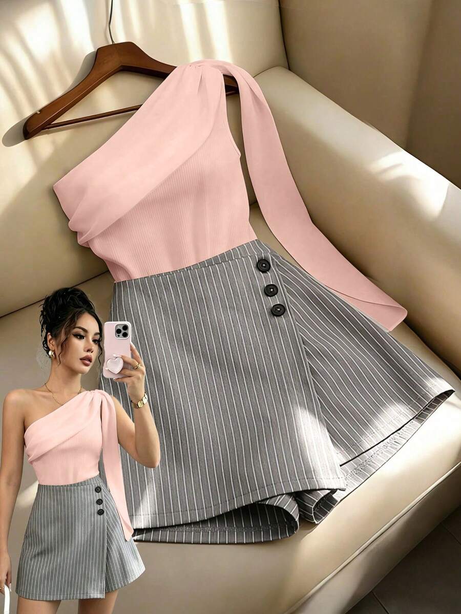 SHEIN LUNE 粉色與白色條紋夏季優雅早午女性兩件套,都市通勤拼接雪紡荷葉邊針織上衣搭配灰色條紋裙褲寬腿褲 - 淺粉色 - 查看 1
