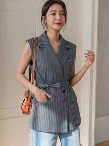 DAZY Jaket Blazer Wanita Bergaris Kasual Serbaguna untuk Perjalanan Sehari-hari - Dark Grey - View 2