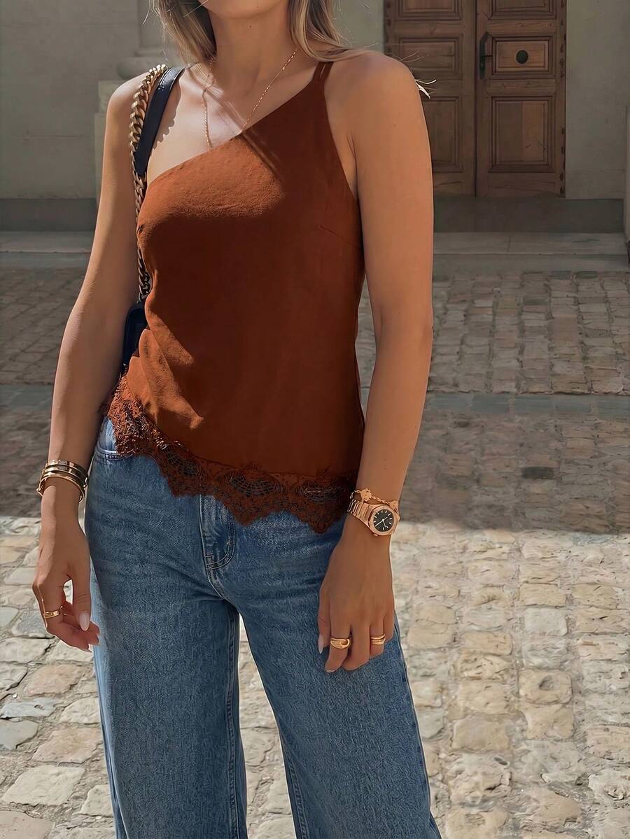 Firerie Spring/Summer New Minimalist Elegant Vacation Streetwear Apricot Linen One-Shoulder Backless Waist Ruched Asymmetric Hem Top - Brown - View 1