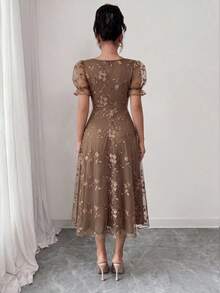 Rafferiza Women's Floral Applique Puff Sleeve Mesh Square Neck A-Line Dress - Brown - View 3