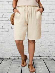 EMERY ROSE Plus Size Casual Solid Color Drawstring Waist Shorts, Summer Spring Country Style For Beach - White - View 6