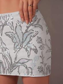 TRNVIE Women's Sequin Floral Print Casual Versatile Daily Outing Mini Skirt - White - View 3