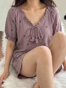 DAZY 女士多功能单排扣系带上衣和休闲短裤睡衣套装 - 紫色 - 查看 4