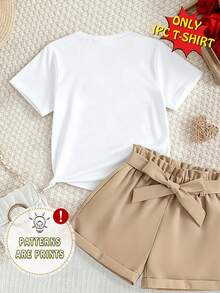 (Random 3 Pieces,Send 1 Piece)Girls Toddler Fresh Simple Cute Beige Gold Bow & Diamond Pattern Print Basic Short T-Shirt Summer Daily Outfit - Red - View 2