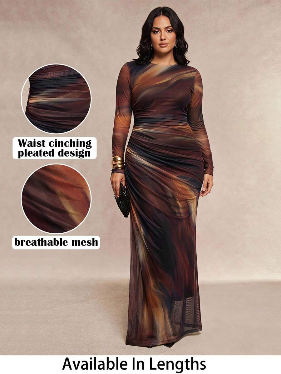 SHEIN Tall CURVE 棕色扎染印花网纱圆领长袖连衣裙,腰部褶皱设计凸显女性魅力。优雅迷人,百搭实用,适合各种场合,例如约会、婚礼季、鸡尾酒会、浪漫派对/约会、晚礼服、日夜皆宜的连衣裙、伴娘礼服、时尚优雅的派对礼服、正式着装等。 - 彩色 - 查看 1