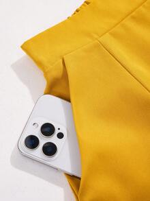 SOLERSUN Women's Old Money Aesthetic Mustard Yellow Sleeveless Blazer Vest Utility Pocket Shorts Co-Ord Set, Business Casual Outfit, Office Style Summer - Yellow - View 8