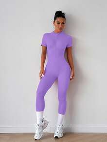 SHEIN Sports 女款拉鍊運動連身褲 - 紫色 - 查看 5