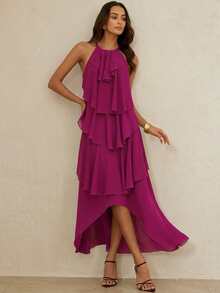 BELROSIE Vestido largo sin mangas con cuello halter de gasa, capas escalonadas y diseño asimétrico delantero y trasero - Rosa Fucsia - Ver 2