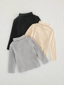 SHEIN 兒童 3件組小男孩針織高領素色 T-冬款上衣，休閒舒適秋季衣櫥單品 - 彩色 - 查看 4