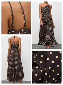 Maija Vestido elegante sexy con estampado de lunares y pliegues de un solo hombro para mujer - Marrón - Ver 4