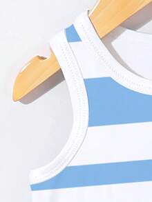 SHEIN Playful Pals 2pcs/Set Young Boy Casual Minimalist Striped Logo Print Tank Top And Logo Print Shorts, Suitable For Summer Outings - Multicolor - View 4