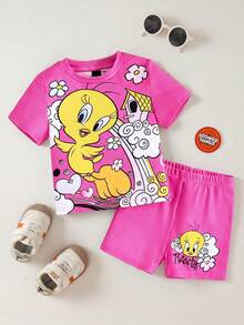 LOONEY TUNES X SHEIN 女婴卡通崔弟和彩虹印花可爱粉色休闲短袖T恤和短裤两件套 - 粉色 - 查看 1