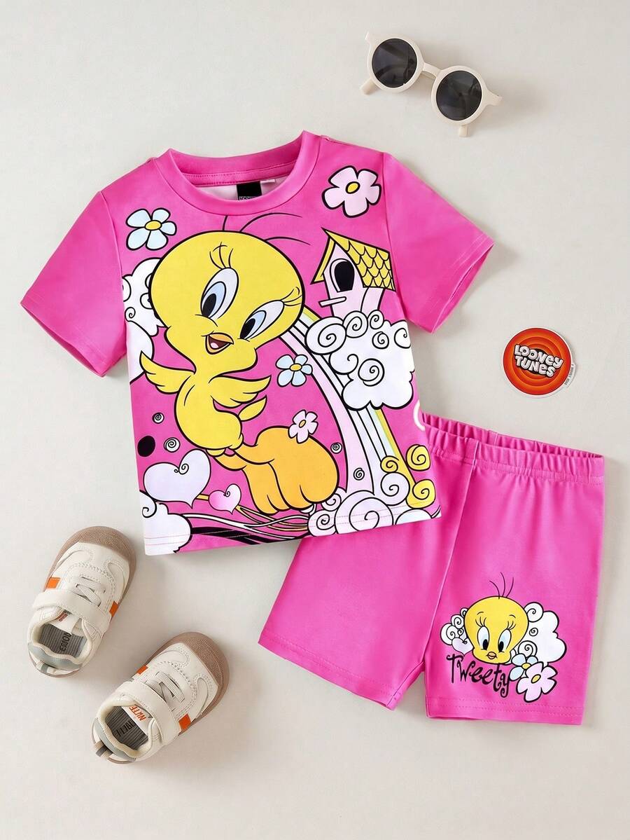 LOONEY TUNES X SHEIN 女婴卡通崔弟和彩虹印花可爱粉色休闲短袖T恤和短裤两件套 - 粉色 - 查看 1