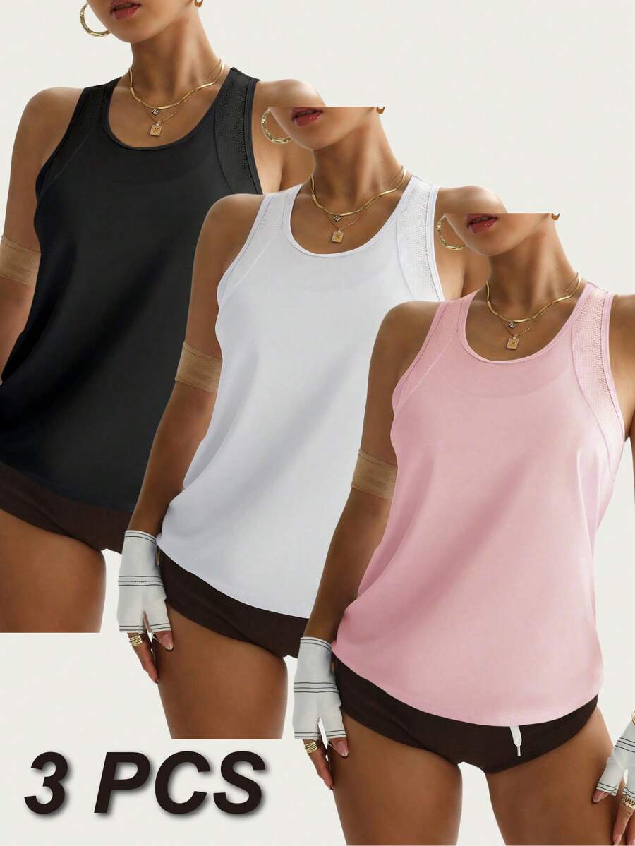 SHEIN Velisys 女款素色休閒圓領時尚運動背心 3件組 - 白色 - 查看 1