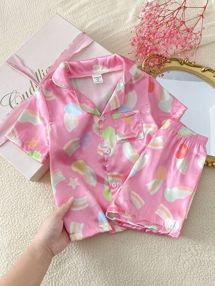 SHEIN Girls' Pink Rainbow Print Collar Open Front Short Sleeve Shorts Set Flame Retardant Loungewear - Pink - View 1