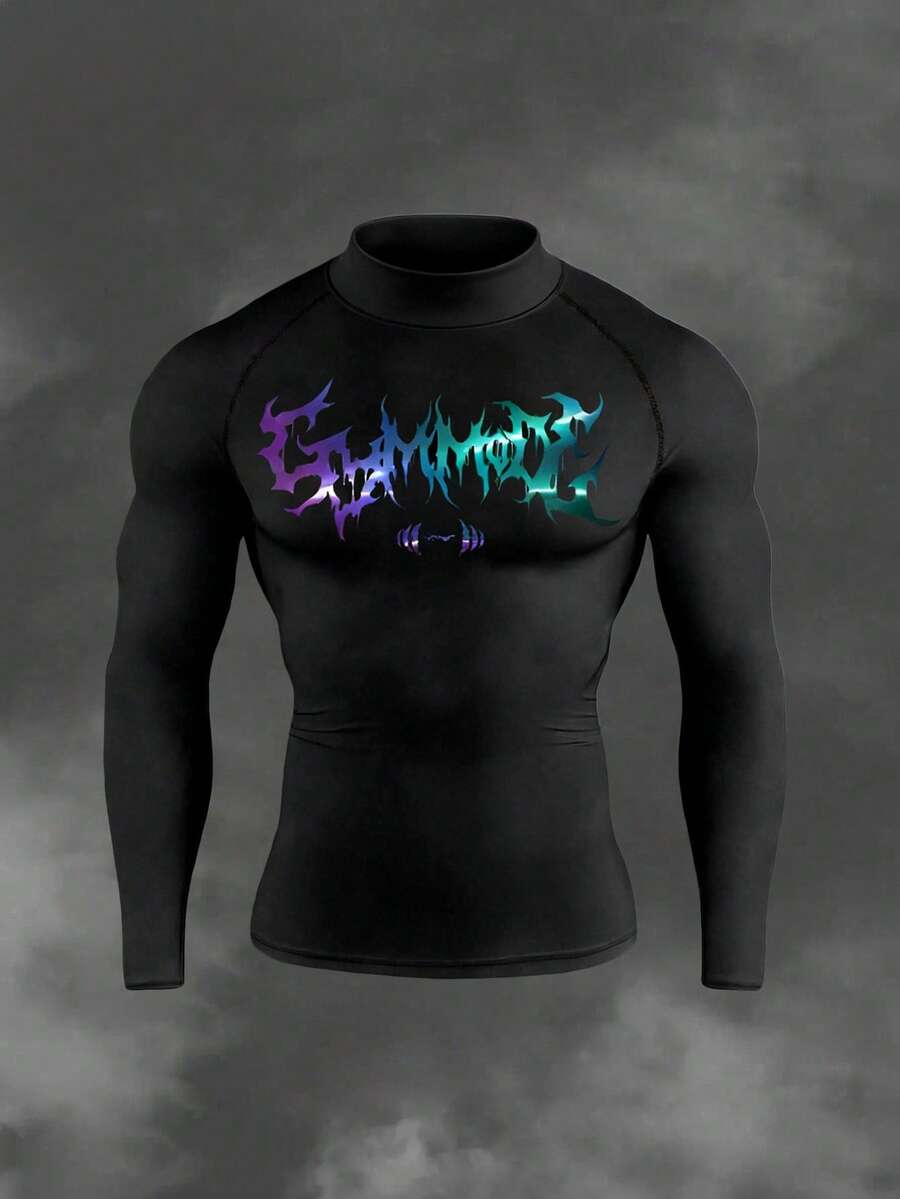 Gym Rark Men's Graphic Print Color Block Stand Collar Long Sleeve Sports T-Shirt - Black - View 1