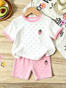 2件組女童幼童夏季新款粉色對比領粉色圓點草莓刺繡圓領柔軟面料短袖T恤彈性腰粉色圓點印花喇叭長褲簡約百搭時尚套裝 - 彩色 - 查看 3