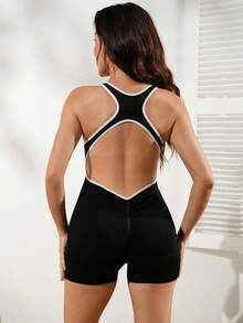 SHEIN Seamless Yoga Tank Top & 3/4 Length Leggings Set / White Contrast Trim / Back Cutout / Fashionable & Sexy / Comfortable / Versatile - Black - View 6