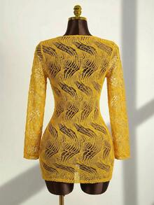 Zestiva 26SS Women's Sexy Fitted Hollow Design Ultra Low Cut Scoop Neck Cover Up Club Night Butter Yellow Summer - Yellow - View 2