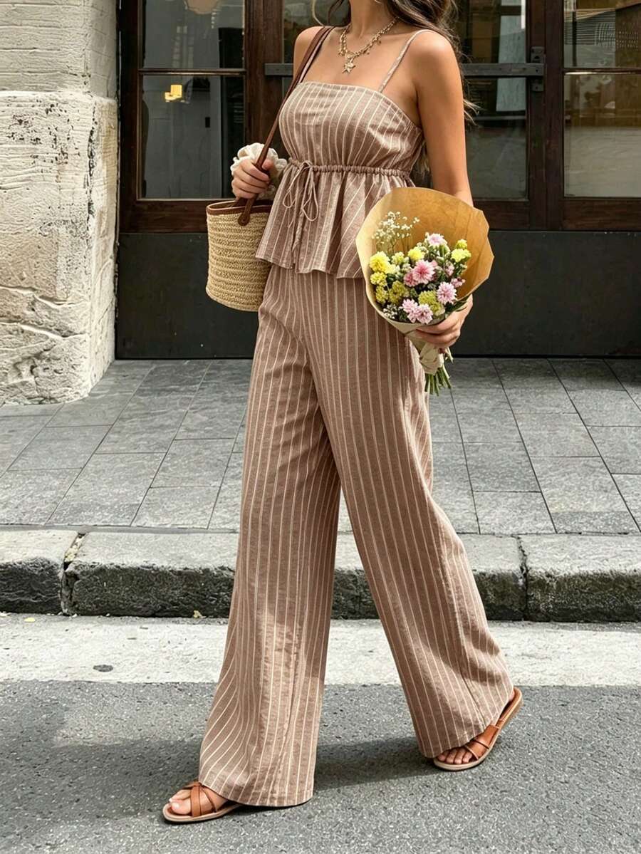INAWLY 女款條紋綁帶無袖背心與長褲休閒兩件套,夏季棕色條紋綁帶無袖兩件套,復古風格,適合日常穿著、休閒通勤、波希米亞風,棕色條紋兩件套,女款夏季穿搭,女款嘉年華服裝,女款休閒穿搭 - 彩色 - 查看 1