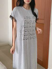 DAZY Lace Patchwork Loose Short Sleeve T-Shirt Dress, Long Casual Dress For Women Summer Pajamas - Light Grey - View 6