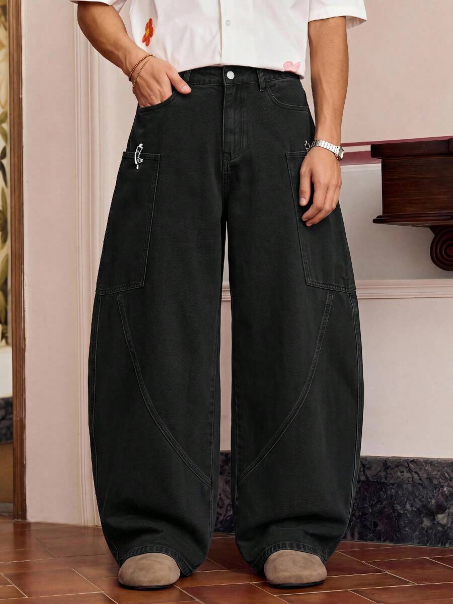 SWAVVY 男士休閒水洗黑弧形腿牛仔褲 - 黑色 - 查看 1