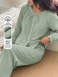 DAZY Sweet Fresh Light Blue All Cotton Ruched Lace Design Loose 2-Piece Women's Pajama Set - Green - View 1