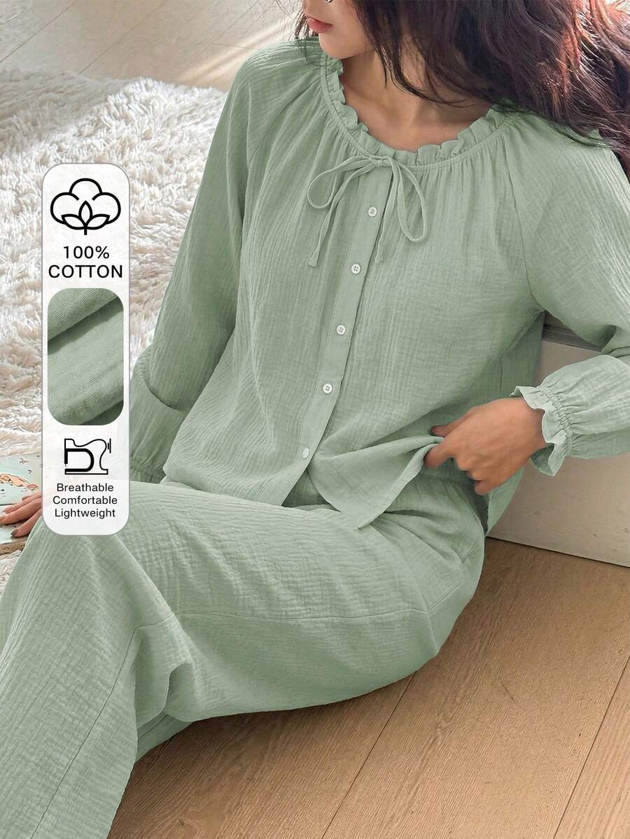 DAZY Sweet Fresh Light Blue All Cotton Ruched Lace Design Loose 2-Piece Women's Pajama Set - Green - View 1
