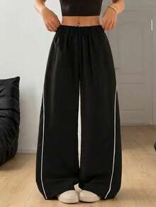 SHEIN PETITE Pantalon noir à jambes larges pour femmes, style streetwear vintage, festival, sortie, retour à la maison, basique, essentiels pour le port quotidien, automne/hiver, pour femmes de petite taille - Noir - Voir 11