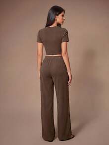 Lazeform Solid Tee & Tie Waist Wide Leg Pants Lounge Set Outfit - Chocolate Brown - View 2