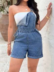 Rivivi Women's Fashion Washed Denim Side Drawstring Decor Overalls - Dark Wash - View 5
