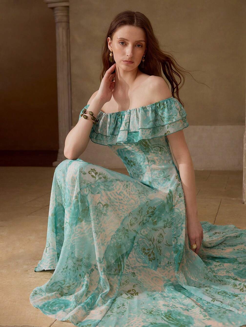 paisley a line dress Women's Chiffon Summer Leopard Paisley Mixed Print Off-Shoulder Ruffle Elegant a-Line Dress