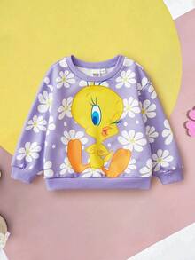 LOONEY TUNES X SHEIN Baby Girl Floral & Cartoon Pattern Crew Neck Loose Fit Long Sleeve Knit Sweatshirt Fall Winter - Purple - View 7