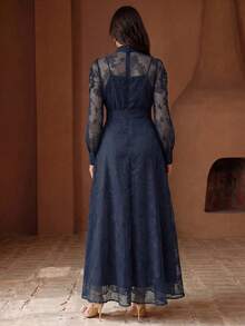 Anewsta Robe maxi élégante style cour mode avec décoration de perles et perles, col montant petit, manches longues légèrement transparentes, robe chemise pour femmes, printemps, été, festival, remise des diplômes, élégante, tenue de la Saint-Valentin - Bleu marine - Voir 2