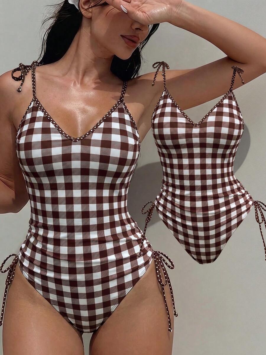 Elavelle Traje de baño de una pieza con tirantes finos y lazo, estampado aleatorio, para mujer, primavera/verano - Multicolor - Ver 1