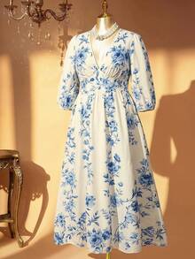 Rometta Women's Plus Size Deep Shirred Mid-Length Lantern Sleeve Cinched Waist Back Ruched Bow Tie Full Skirt Floral Print Beige Flower Long Dress - Blue - View 4