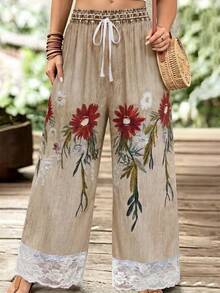 SHEIN LUNE CURVE Pantalones de pierna ancha con estampado floral y parches de encaje para tallas grandes - Caqui - Ver 1
