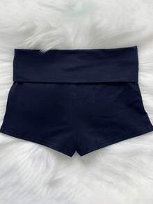 IslaSuriya 大尺碼女款素色馬刺繡休閒修身短褲 夏季 - 藏蓝色 - 查看 2