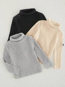 SHEIN 兒童 3件組小男孩針織高領素色 T-冬款上衣，休閒舒適秋季衣櫥單品 - 彩色 - 查看 2