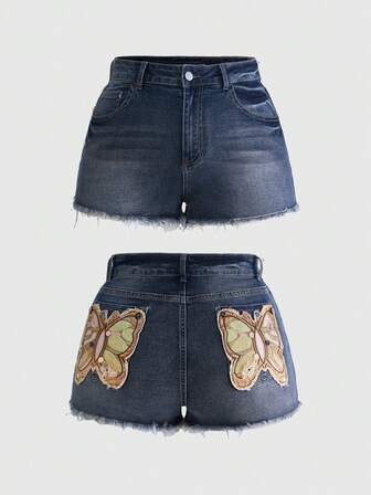Fairycore Damen Vintage Retro Patchwork Blümchen Schleife Knopf Dekor Mini Große Größen Denim Shorts