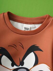 LOONEY TUNES X SHEIN طقم بناطيل رياضية وبلوزة بطباعة حيوانات كرتونية جميلة للأطفال الصبيان، مناسب للخريف والشتاء - بني - مشاهدة 4