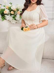 Modelyn Plus Size Women's Geometric Textured Short Puff Sleeve Elegant Dress Wedding Guest White Summer - Apricot - View 6