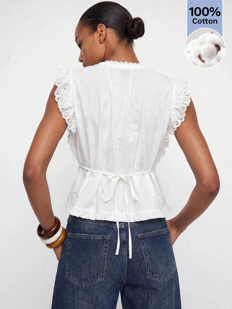 SHEIN Maija White Eyelet Embroidery Sleeveless Blouse With Ruffle Hem, Casual Resort Wear For Summer Festa Junina São João Country Vacation